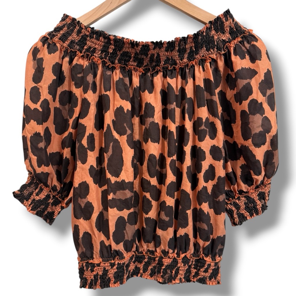Blugirl Blumarine‎ Silk Leopard Off Shoulder Crop Top Y2K Puff Sleeve Smocked Xs